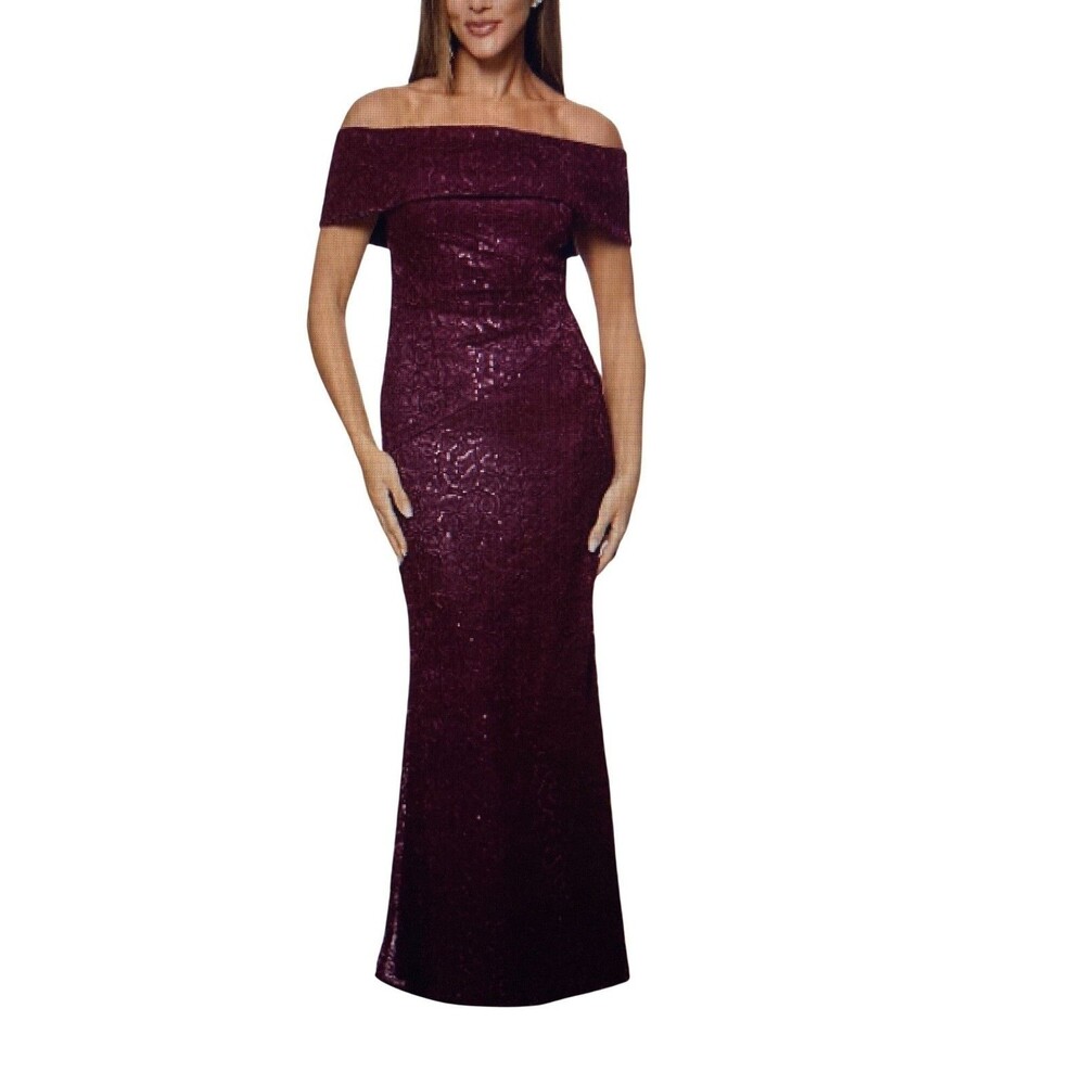 XSCAPE Women's Sequined Lace Off-The-Shoulder Gown Purple Sequin  Size 10 NWT